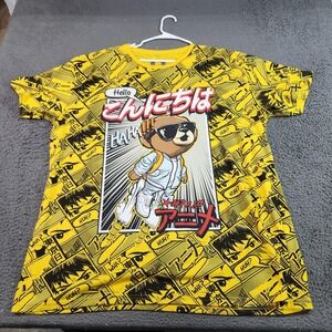 Hustle Shirt Mens 3XL Yellow Anime Bear Konnichiwa Graphic Tee Allover Print